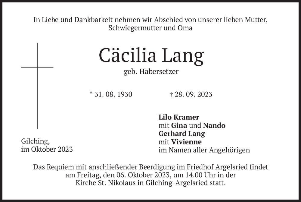  Traueranzeige für Cäcilia Lang vom 04.10.2023 aus merkurtz