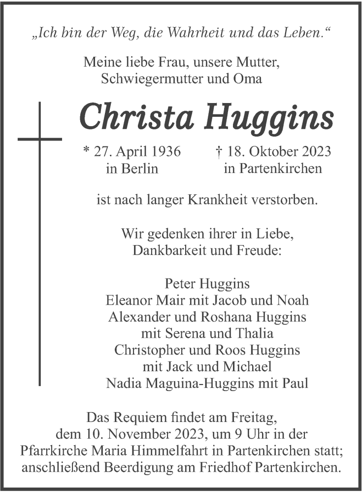  Traueranzeige für Christa Huggins vom 28.10.2023 aus merkurtz