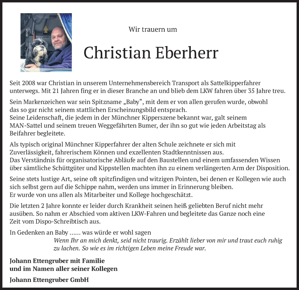  Traueranzeige für Christian Eberherr vom 27.10.2023 aus merkurtz