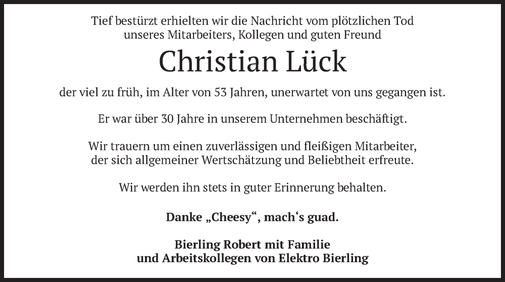  Traueranzeige für Christian Lück vom 07.10.2023 aus merkurtz