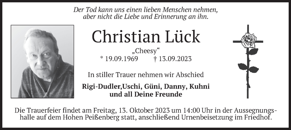  Traueranzeige für Christian Lück vom 07.10.2023 aus merkurtz