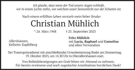 Traueranzeige von Christian Mühlich von merkurtz