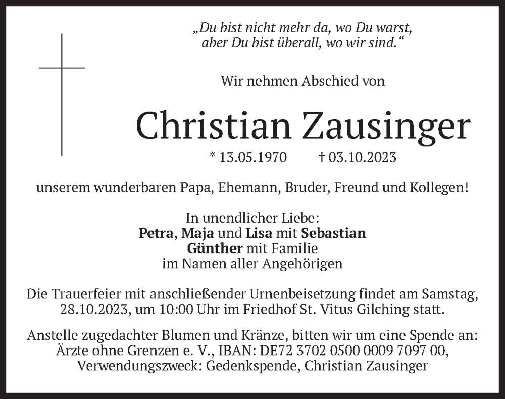  Traueranzeige für Christian Zausinger vom 21.10.2023 aus merkurtz