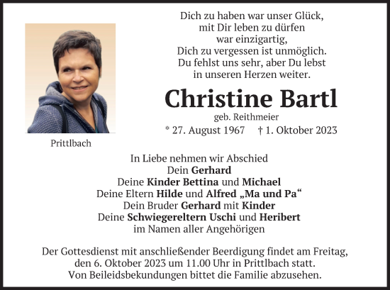 Traueranzeige von Christine Bartl von merkurtz