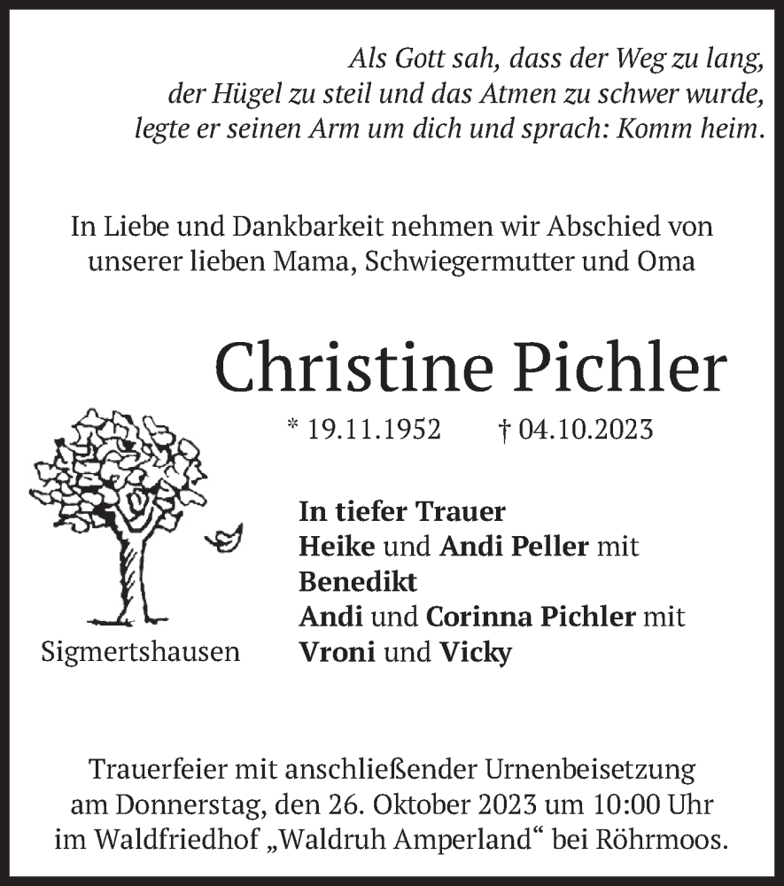  Traueranzeige für Christine Pichler vom 20.10.2023 aus merkurtz