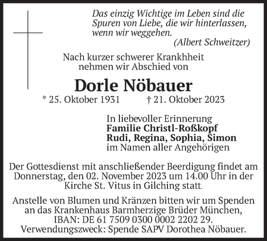 Traueranzeige von Dorle Nöbauer von merkurtz