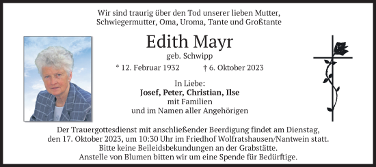 Traueranzeige von Edith Mayr von merkurtz