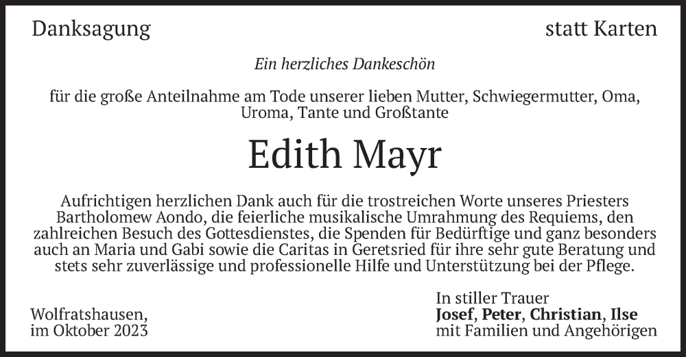  Traueranzeige für Edith Mayr vom 28.10.2023 aus merkurtz
