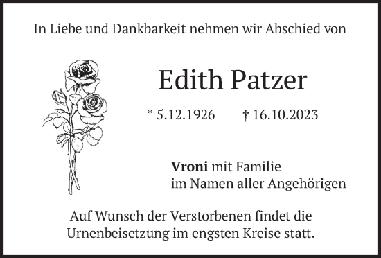 Traueranzeige von Edith Patzer von merkurtz