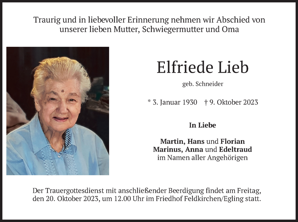  Traueranzeige für Elfriede Lieb vom 14.10.2023 aus merkurtz