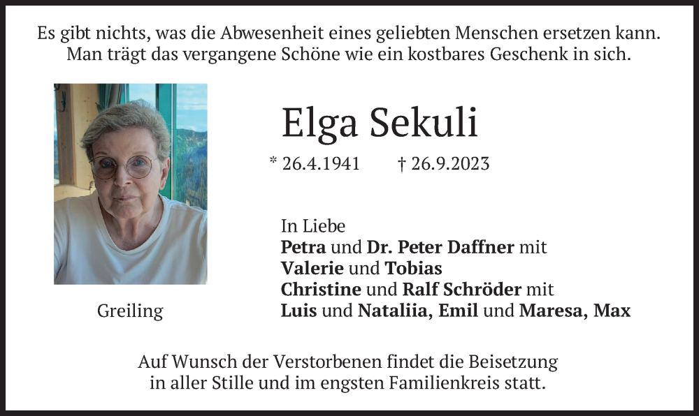  Traueranzeige für Elga Sekuli vom 04.10.2023 aus merkurtz