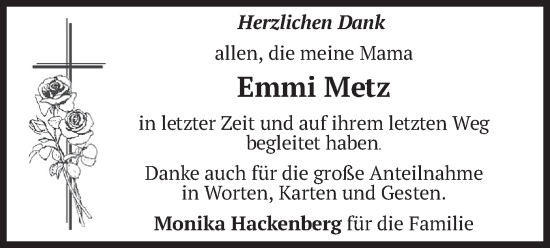 Traueranzeige von Emmi Metz von merkurtz
