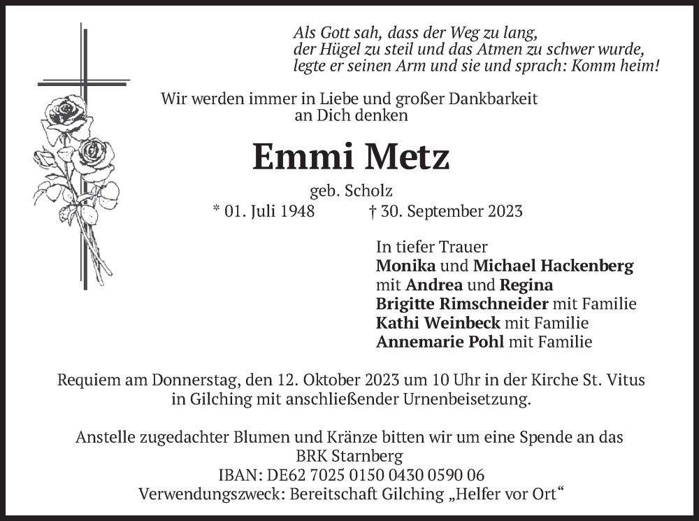  Traueranzeige für Emmi Metz vom 07.10.2023 aus merkurtz