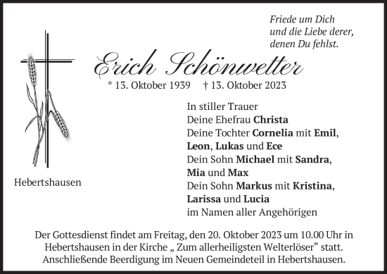 Traueranzeige von Erich Schönwetter von merkurtz