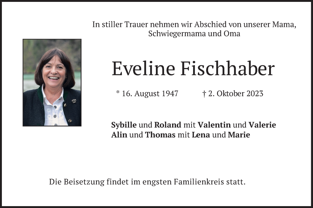  Traueranzeige für Eveline Fischhaber vom 07.10.2023 aus merkurtz