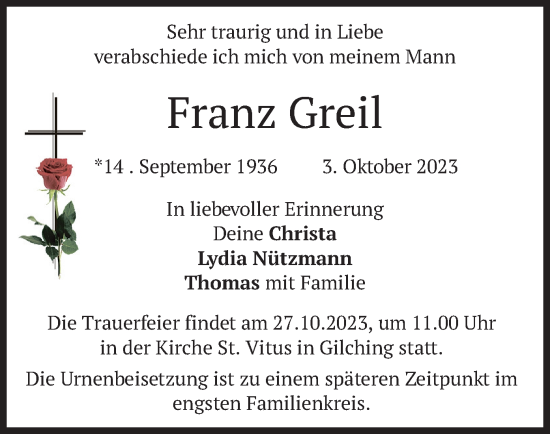Traueranzeige von Franz Greil von merkurtz