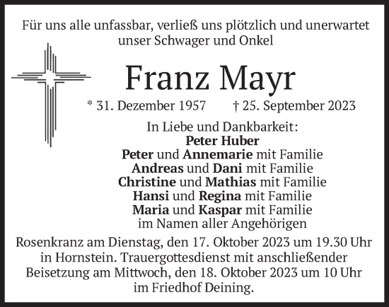 Traueranzeige von Franz Mayr von merkurtz