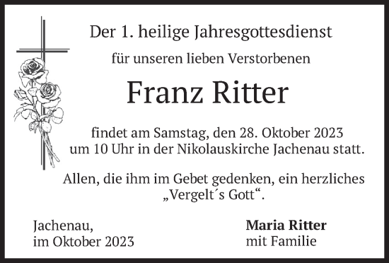 Traueranzeige von Franz Ritter von merkurtz