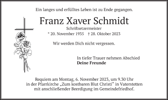 Traueranzeige von Franz Xaver Schmidt von merkurtz