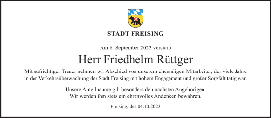 Traueranzeige von Friedhelm Rüttger von merkurtz