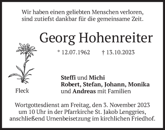 Traueranzeige von Georg Hohenreiter von merkurtz