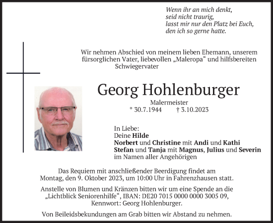 Traueranzeige von Georg Hohlenburger von merkurtz
