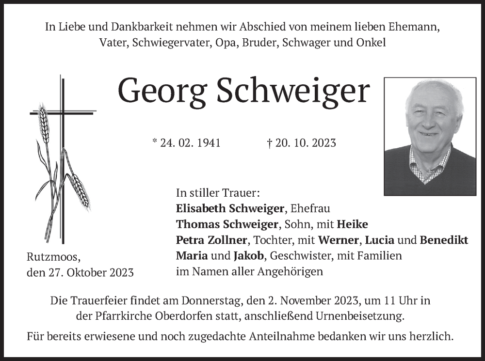  Traueranzeige für Georg Schweiger vom 27.10.2023 aus merkurtz