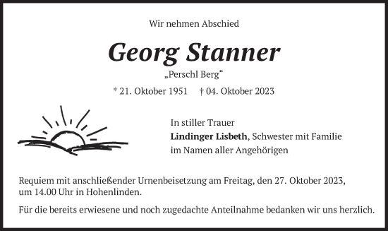 Traueranzeige von Georg Stanner von merkurtz