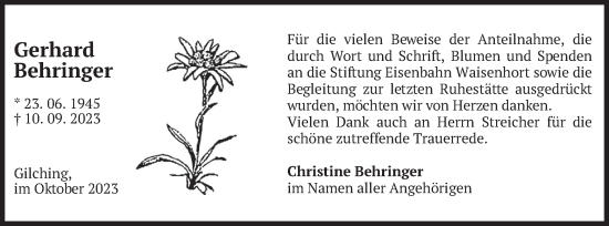 Traueranzeige von Gerhard Behringer von merkurtz