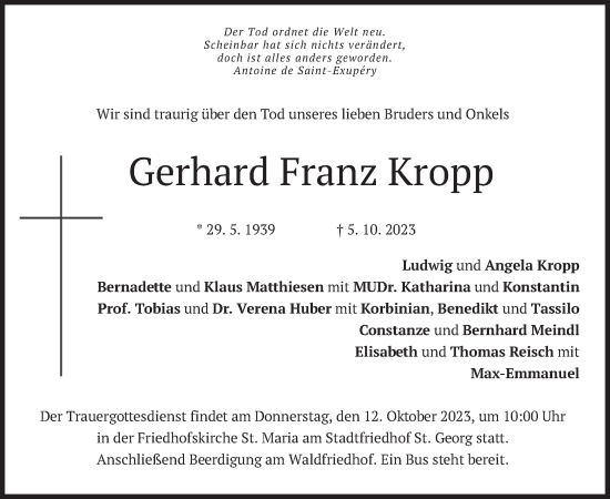 Traueranzeige von Gerhard Franz Kropp von merkurtz