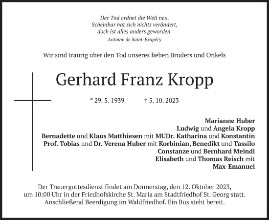 Traueranzeige von Gerhard Franz Kropp von merkurtz
