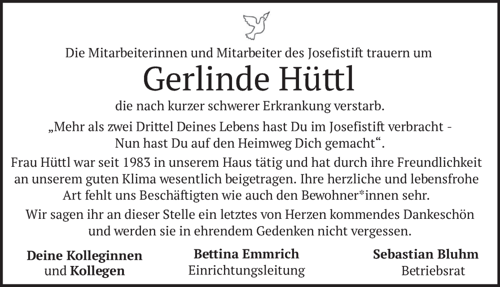  Traueranzeige für Gerlinde Hüttl vom 28.10.2023 aus merkurtz