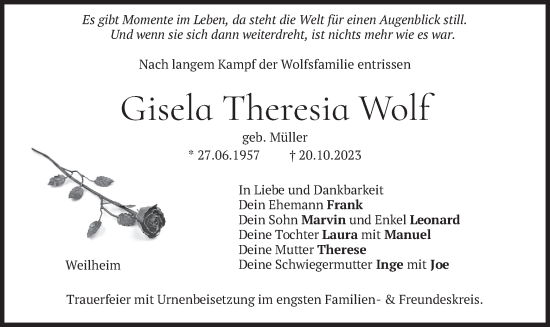 Traueranzeige von Gisela Theresia Wolf von merkurtz