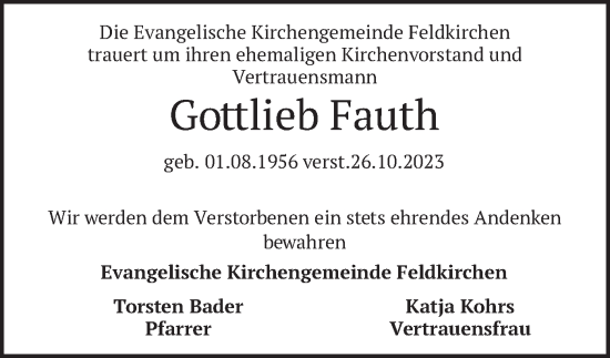 Traueranzeige von Gottlieb Fauth von merkurtz