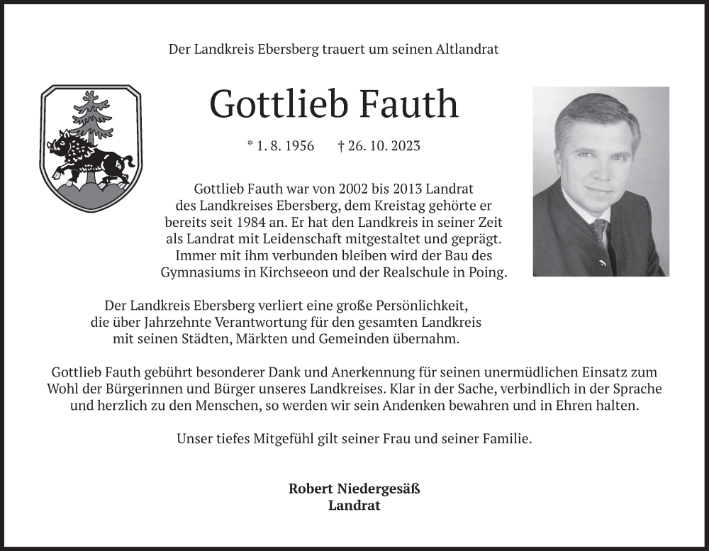  Traueranzeige für Gottlieb Fauth vom 28.10.2023 aus merkurtz