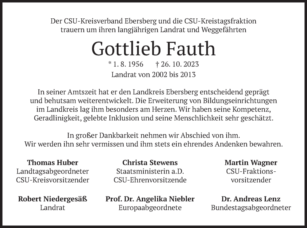  Traueranzeige für Gottlieb Fauth vom 31.10.2023 aus merkurtz