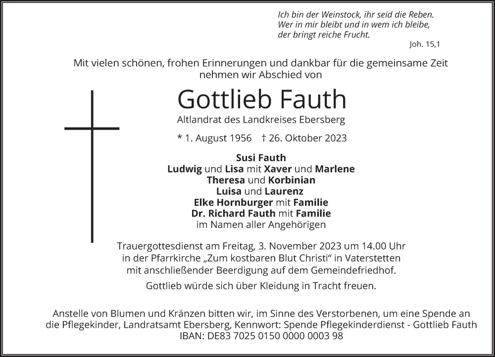  Traueranzeige für Gottlieb Fauth vom 28.10.2023 aus merkurtz