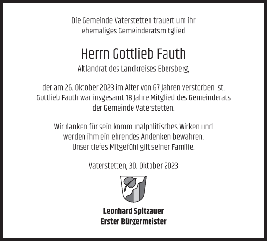 Traueranzeige von Gottlieb Fauth von merkurtz