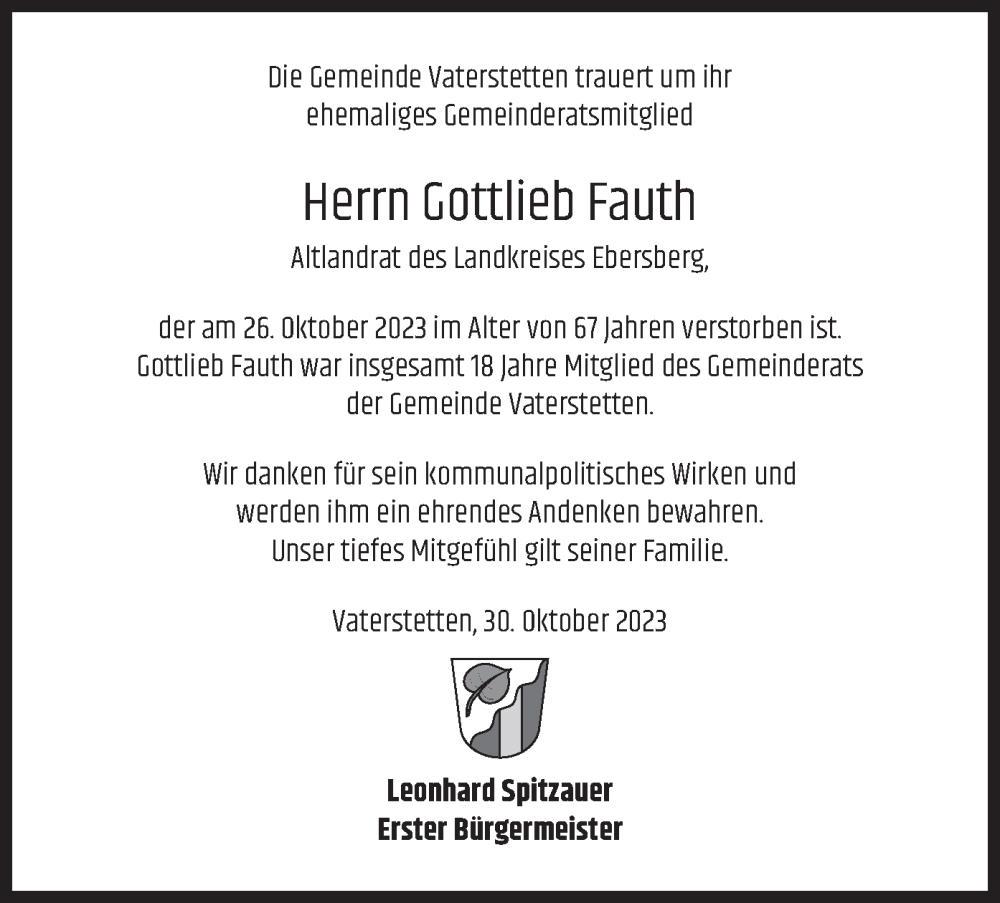  Traueranzeige für Gottlieb Fauth vom 31.10.2023 aus merkurtz