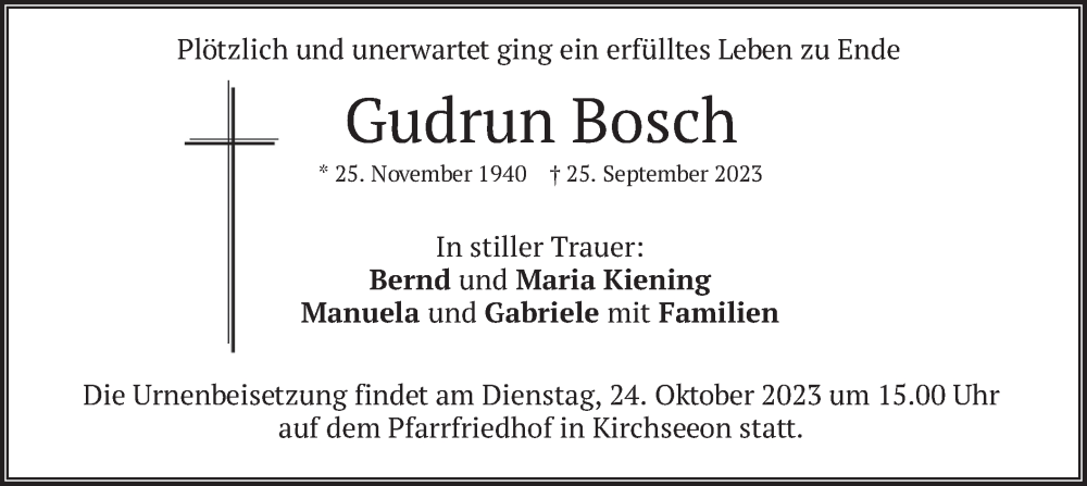  Traueranzeige für Gudrun Bosch vom 21.10.2023 aus merkurtz