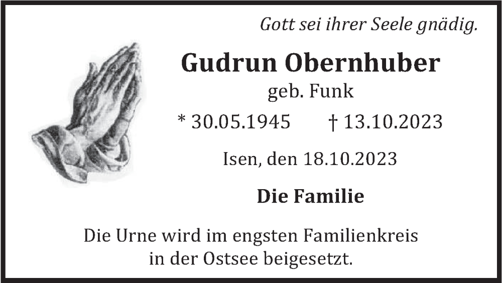  Traueranzeige für Gudrun Obernhuber vom 18.10.2023 aus merkurtz