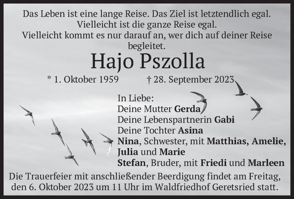  Traueranzeige für Hajo Pszolla vom 04.10.2023 aus merkurtz