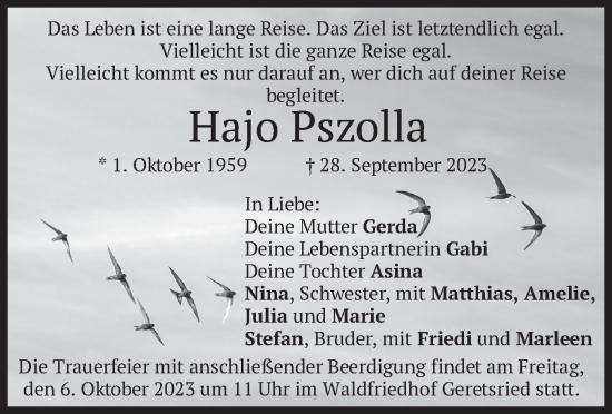 Traueranzeige von Hajo Pszolla von merkurtz