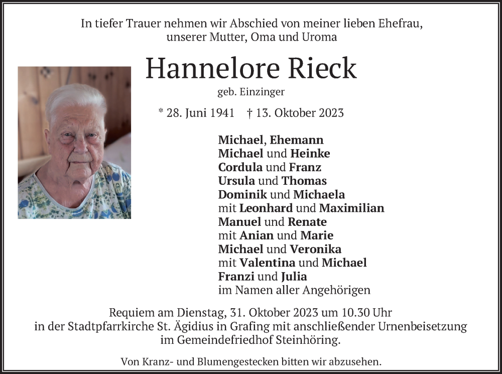  Traueranzeige für Hannelore Rieck vom 21.10.2023 aus merkurtz