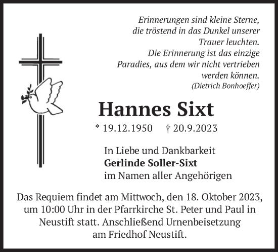 Traueranzeige von Hannes Sixt von merkurtz
