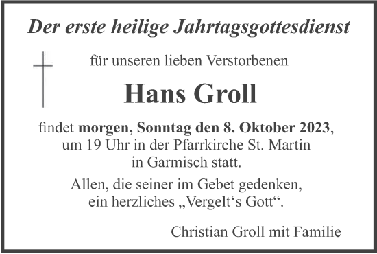 Traueranzeige von Hans Groll von merkurtz