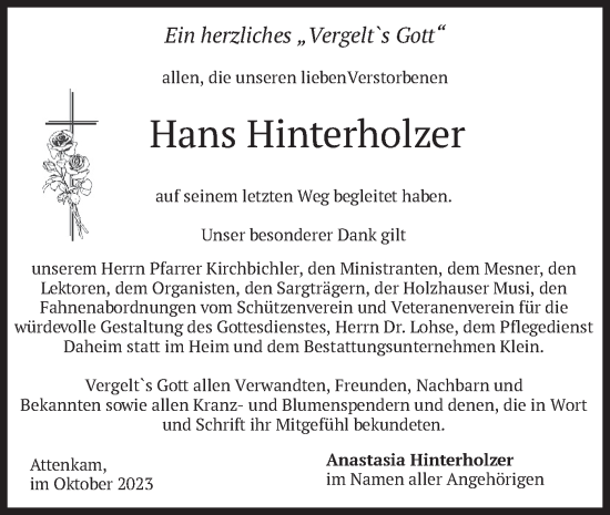 Traueranzeige von Hans Hinterholzer von merkurtz