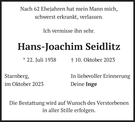 Traueranzeige von Hans-Joachim Seidlitz von merkurtz