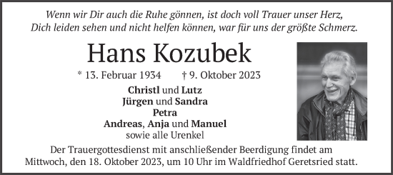 Traueranzeige von Hans Kozubek von merkurtz