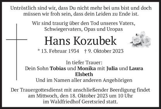 Traueranzeige von Hans Kozubek von merkurtz